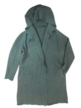 Irelands Eye Irish Wool Cardigan Sweater Large Green Open Hooded Longline Knit